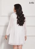 ĐẦM BABY DOLL TRẮNG LA MỘC, LỤA CREP KOREA KẾT HỢP CHIFFON, TAY DÀI, CỔ BÈO, TÙNG XÒE GIẤU BỤNG