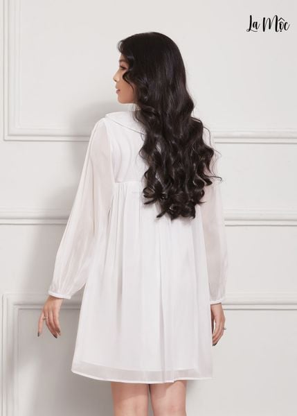 ĐẦM BABY DOLL TRẮNG Maxivic, LỤA CREP KOREA KẾT HỢP CHIFFON, TAY DÀI, CỔ BÈO, TÙNG XÒE GIẤU BỤNG