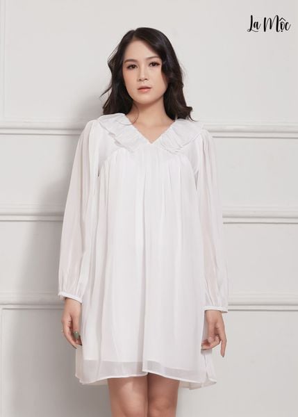 ĐẦM BABY DOLL TRẮNG LA MỘC, LỤA CREP KOREA KẾT HỢP CHIFFON, TAY DÀI, CỔ BÈO, TÙNG XÒE GIẤU BỤNG
