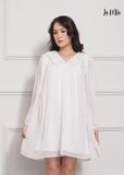 ĐẦM BABY DOLL TRẮNG LA MỘC, LỤA CREP KOREA KẾT HỢP CHIFFON, TAY DÀI, CỔ BÈO, TÙNG XÒE GIẤU BỤNG
