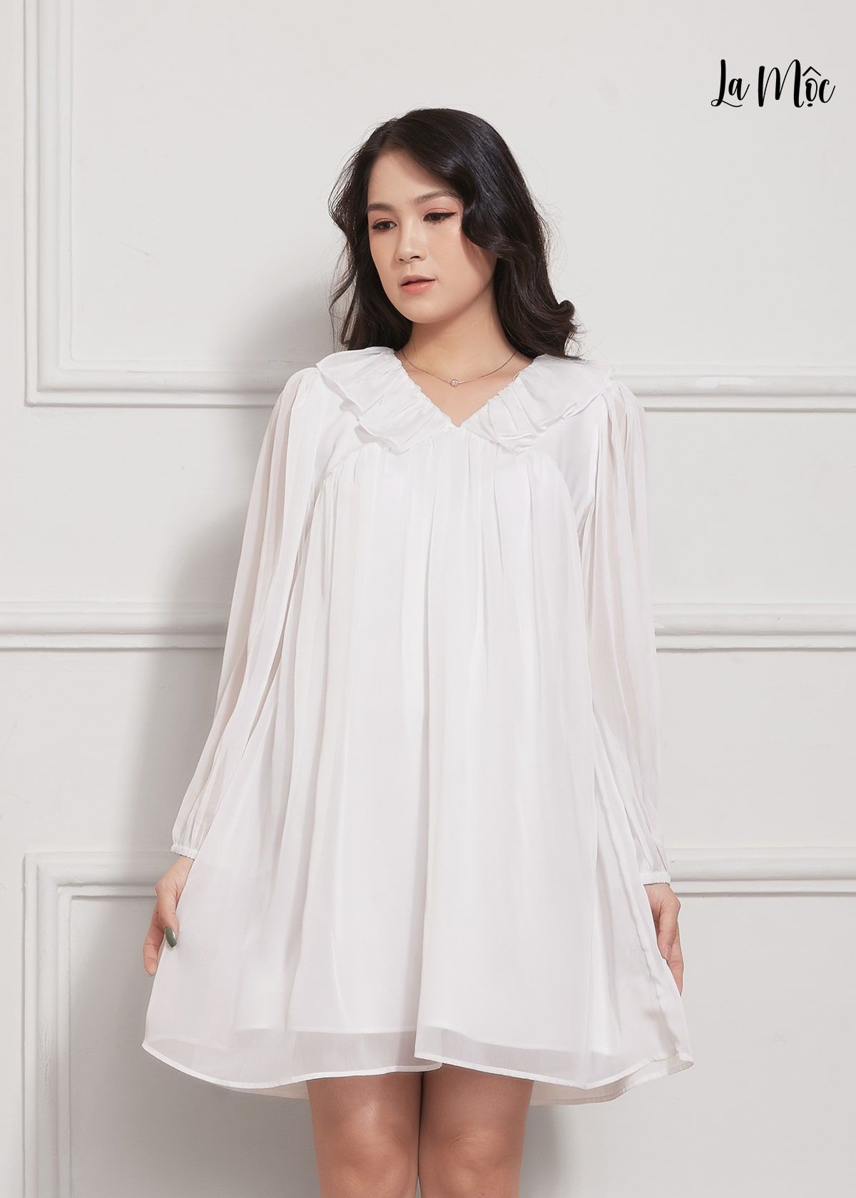  ĐẦM BABY DOLL TRẮNG LA MỘC, LỤA CREP KOREA KẾT HỢP CHIFFON, TAY DÀI, CỔ BÈO, TÙNG XÒE GIẤU BỤNG 