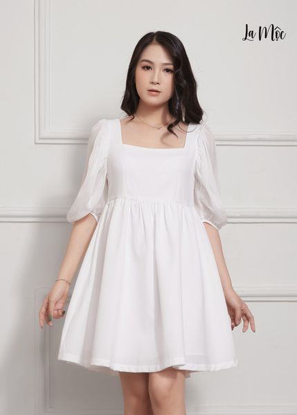 ĐẦM BABY DOLL TRẮNG LA MỘC, LỤA CREP KOREA, TAY LỬNG, TÙNG NHÚN GIẤU BỤNG