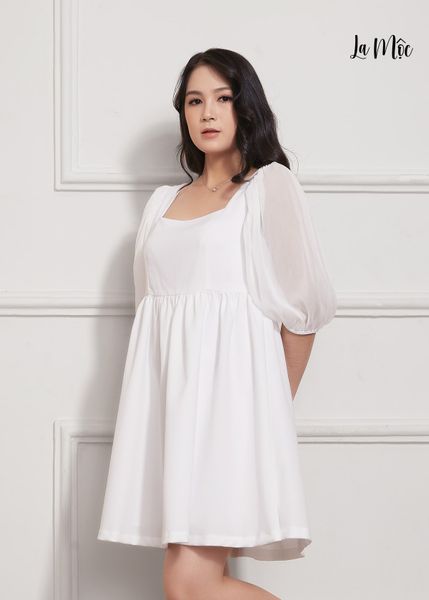 ĐẦM BABY DOLL TRẮNG Maxivic, LỤA CREP KOREA, TAY LỬNG, TÙNG NHÚN GIẤU BỤNG