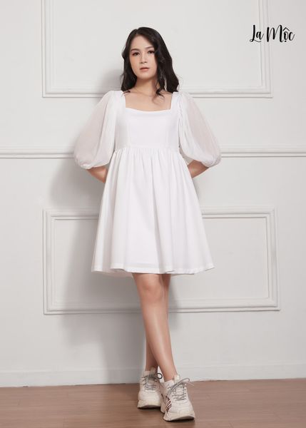 ĐẦM BABY DOLL TRẮNG Maxivic, LỤA CREP KOREA, TAY LỬNG, TÙNG NHÚN GIẤU BỤNG