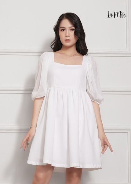 ĐẦM BABY DOLL TRẮNG Maxivic, LỤA CREP KOREA, TAY LỬNG, TÙNG NHÚN GIẤU BỤNG