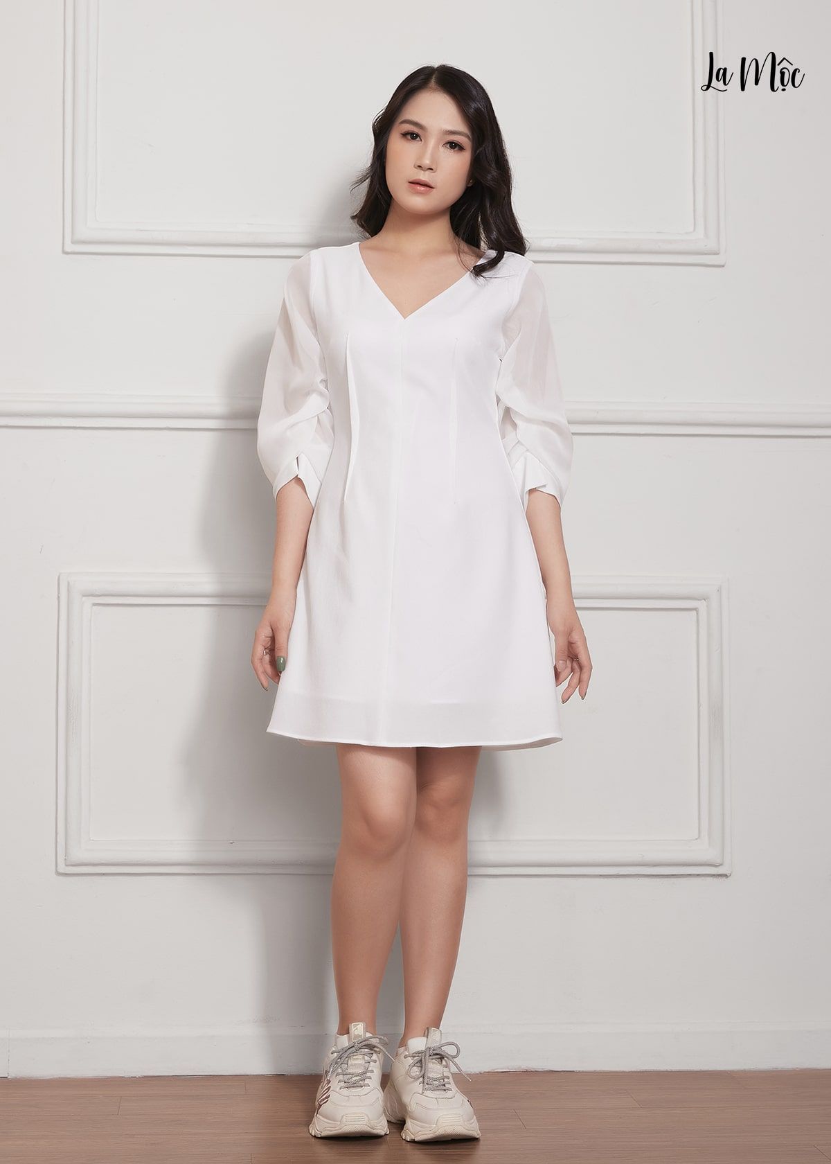  ĐẦM ÔM LA MỘC, LỤA CREP KOREA KẾT HỢP CHIFFON, CỔ TIM, TAY NHÚN, CHÍT BEN NGƯỢC 