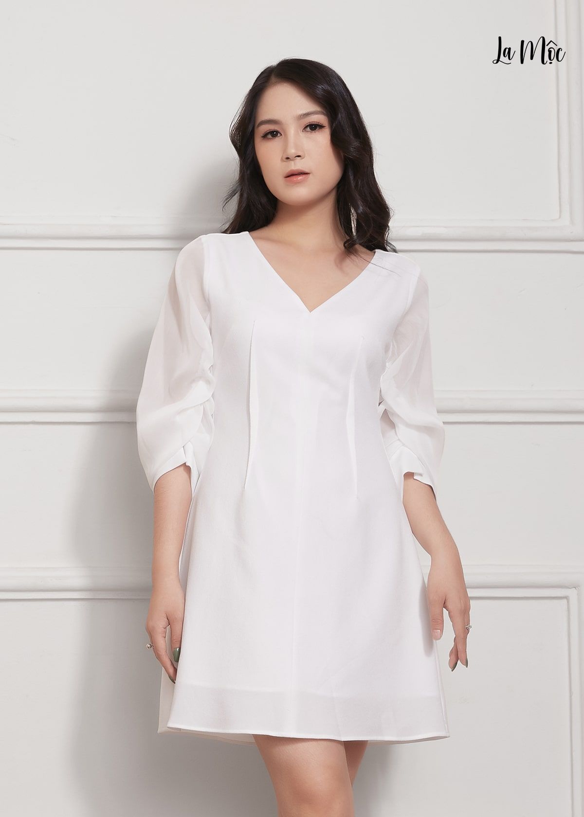  ĐẦM ÔM LA MỘC, LỤA CREP KOREA KẾT HỢP CHIFFON, CỔ TIM, TAY NHÚN, CHÍT BEN NGƯỢC 