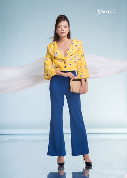 SET VEST CROPTOP ÁO LINEN BỐ VÀNG HOA QUẦN ỐNG LOE XANH KIM CƯƠNG CO GIÃN 4 CHIỀU