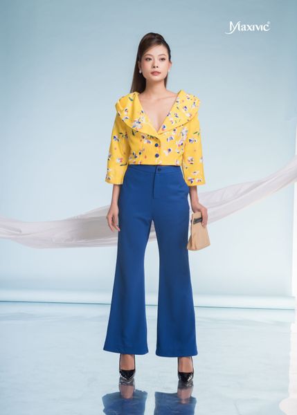 SET VEST CROPTOP ÁO LINEN BỐ VÀNG HOA QUẦN ỐNG LOE XANH KIM CƯƠNG CO GIÃN 4 CHIỀU