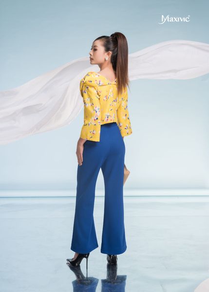 SET VEST CROPTOP ÁO LINEN BỐ VÀNG HOA QUẦN ỐNG LOE XANH KIM CƯƠNG CO GIÃN 4 CHIỀU