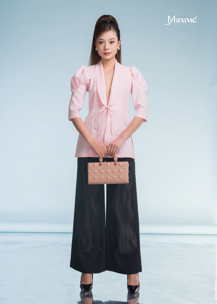 SET VEST ÁO CREP HỒNG TAY PHỒNG QUẦN ỐNG SUÔNG ĐEN LỤA CREP CÁCH ĐIỆU PHẦN GỐI PHỐI ORGANZA