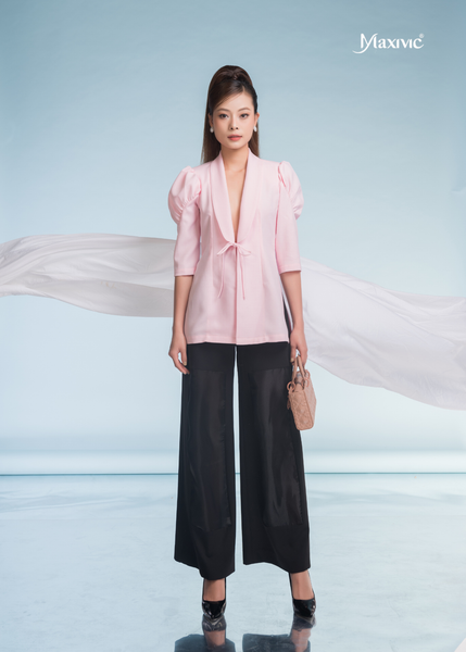 SET VEST ÁO CREP HỒNG TAY PHỒNG QUẦN ỐNG SUÔNG ĐEN LỤA CREP CÁCH ĐIỆU PHẦN GỐI PHỐI ORGANZA