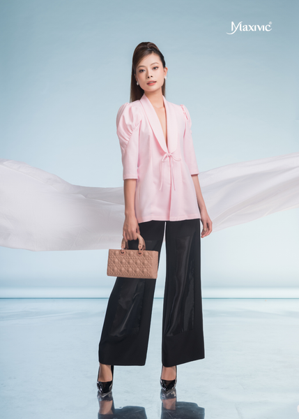 SET VEST ÁO CREP HỒNG TAY PHỒNG QUẦN ỐNG SUÔNG ĐEN LỤA CREP CÁCH ĐIỆU PHẦN GỐI PHỐI ORGANZA