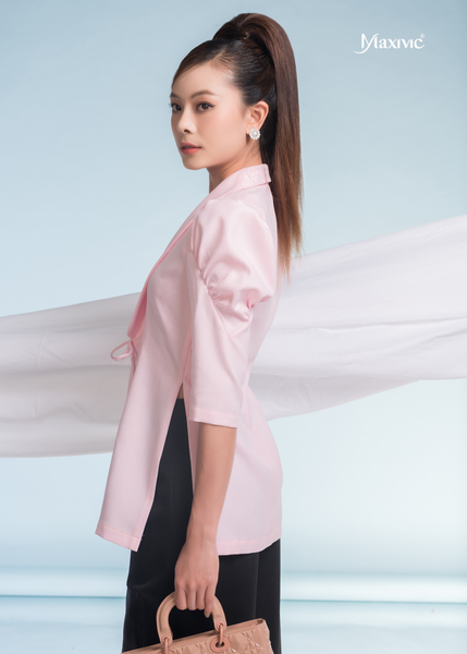 SET VEST ÁO CREP HỒNG TAY PHỒNG QUẦN ỐNG SUÔNG ĐEN LỤA CREP CÁCH ĐIỆU PHẦN GỐI PHỐI ORGANZA