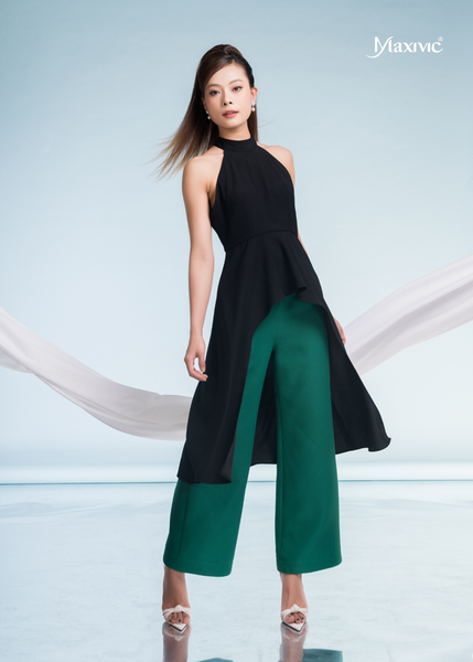 SET ĐẦM YẾM ĐEN QUẦN XANH KIM CƯƠNG PHOM SUÔNG CO GIÃN 4 CHIỀU