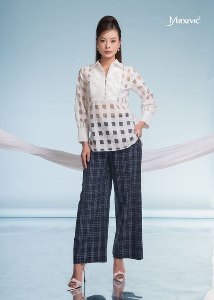 SET ÁO ORGANZA TRẮNG Ô VUÔNG QUẦN COTTON LỤA CARO XANH XÁM