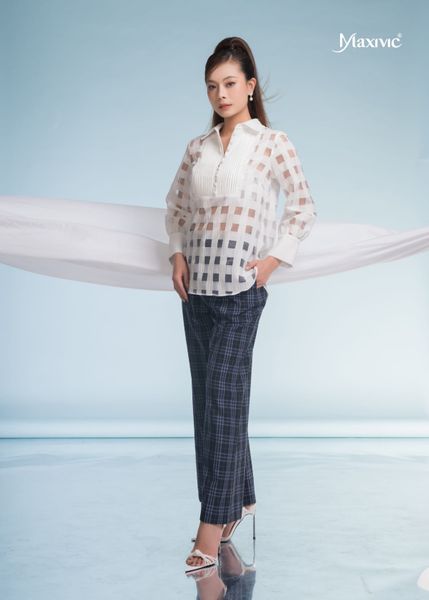 SET ÁO ORGANZA TRẮNG Ô VUÔNG QUẦN COTTON LỤA CARO XANH XÁM