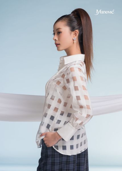 SET ÁO ORGANZA TRẮNG Ô VUÔNG QUẦN COTTON LỤA CARO XANH XÁM