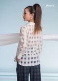 SET ÁO ORGANZA TRẮNG Ô VUÔNG QUẦN COTTON LỤA CARO XANH XÁM