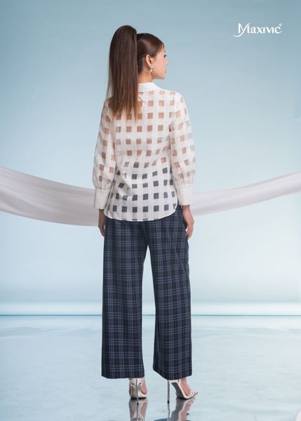 SET ÁO ORGANZA TRẮNG Ô VUÔNG QUẦN COTTON LỤA CARO XANH XÁM