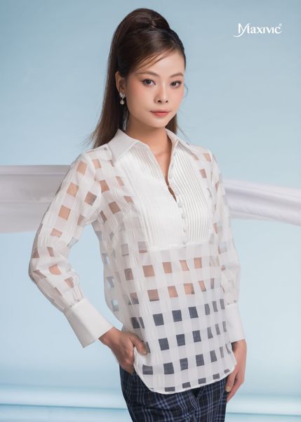 SET ÁO ORGANZA TRẮNG Ô VUÔNG QUẦN COTTON LỤA CARO XANH XÁM