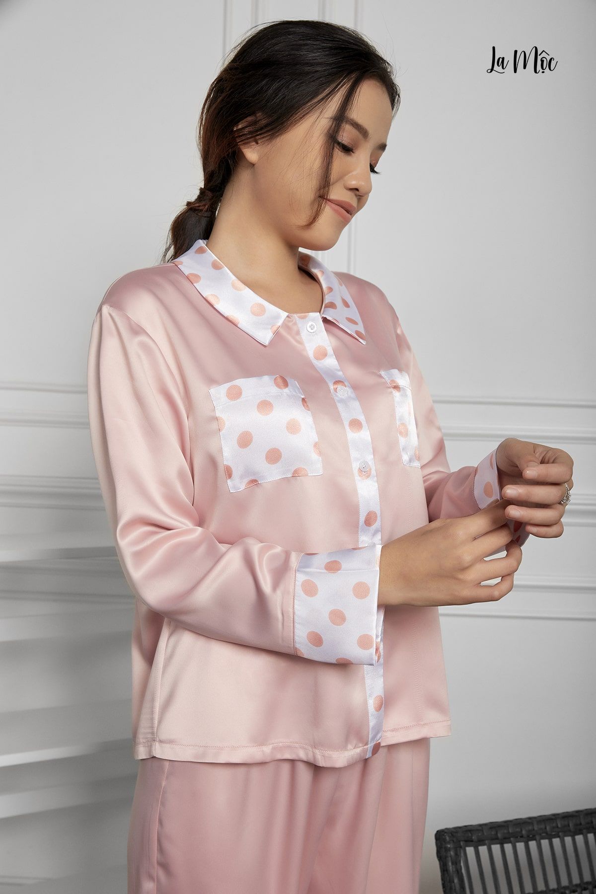  BỘ PIJAMA QUẦN DÀI TAY DÀI MÀU HỒNG, SATIN LỤA KOREA 