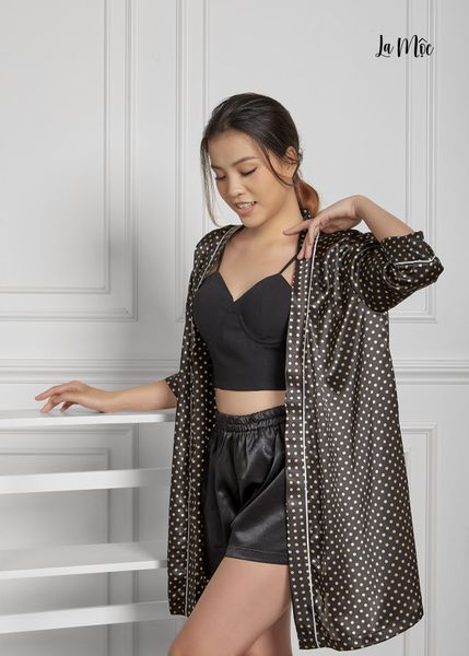 ÁO CHOÀNG MÀU NÂU CHẤM BI, CÓ DÂY THẮT EO, SATIN LỤA KOREA