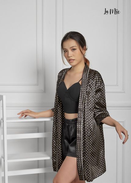 ÁO CHOÀNG MÀU NÂU CHẤM BI, CÓ DÂY THẮT EO, SATIN LỤA KOREA