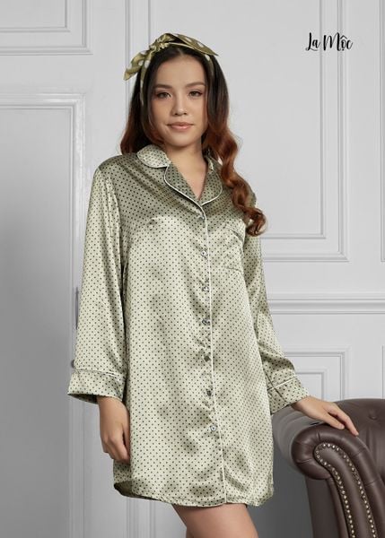 ĐẦM MẶC NHÀ, KIỂU SƠ MI, SATIN LỤA KOREA, MÀU XANH RÊU CHẤM BI