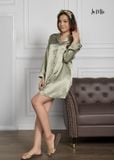 ĐẦM MẶC NHÀ, KIỂU SƠ MI, SATIN LỤA KOREA, MÀU XANH RÊU CHẤM BI