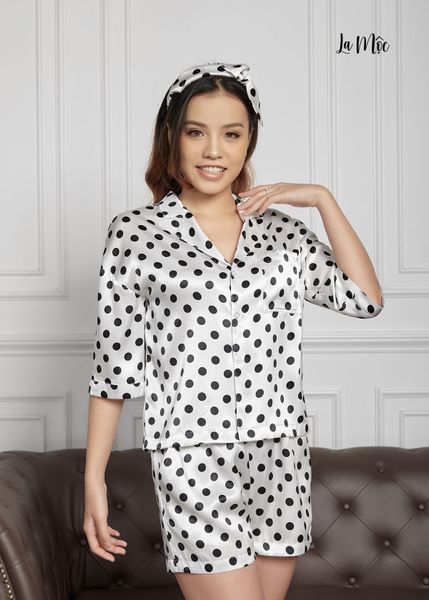 BỘ PIJAMA NGẮN TRẮNG CHẤM BI, TAY LỬNG, SATIN LỤA KOREA