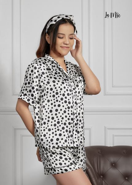 BỘ PIJAMA NGẮN TAY LỬNG, TRẮNG CHẤM BI, SATIN LỤA KOREA