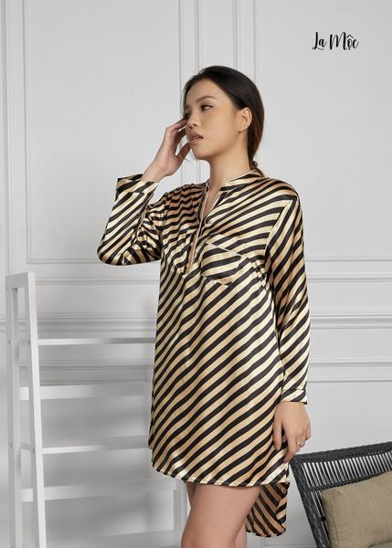 ĐẦM MẶC NHÀ SƠ MI CỔ TRỤ, TAY DÀI, SATIN LỤA KOREA