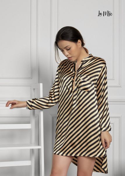 ĐẦM MẶC NHÀ SƠ MI CỔ TRỤ, TAY DÀI, SATIN LỤA KOREA