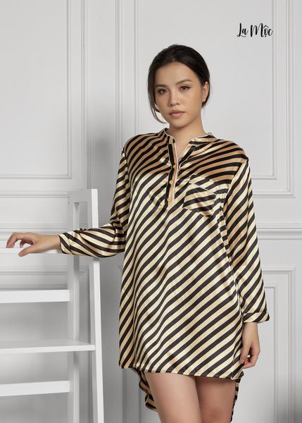 ĐẦM MẶC NHÀ SƠ MI CỔ TRỤ, TAY DÀI, SATIN LỤA KOREA