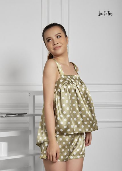 BỘ MẶC NHÀ NGẮN 2 DÂY, ÁO PHOM BABY DOLL, XANH CHẤM BI, SATIN LỤA KOREA