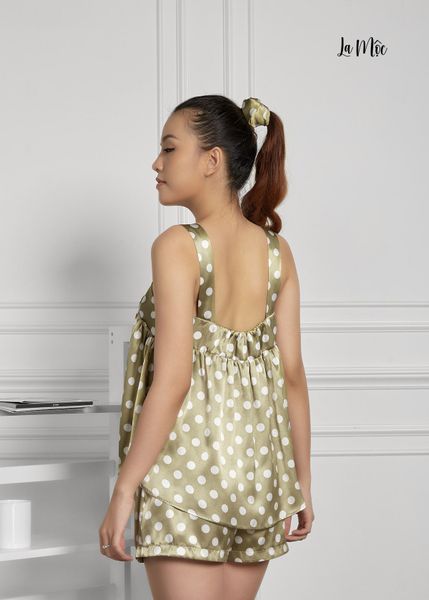 BỘ MẶC NHÀ NGẮN 2 DÂY, ÁO PHOM BABY DOLL, XANH CHẤM BI, SATIN LỤA KOREA