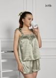 BỘ MẶC NHÀ NGẮN, ÁO 2 DÂY BUỘC NƠ, XANH CHẤM BI, SATIN LỤA KOREA