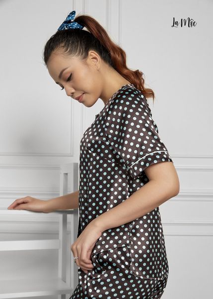 BỘ MẶC NHÀ QUẦN DÀI CỔ TRÒN, NÂU CHẤM BI, SATIN LỤA KOREA
