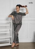 BỘ MẶC NHÀ QUẦN DÀI CỔ TRÒN, NÂU CHẤM BI, SATIN LỤA KOREA