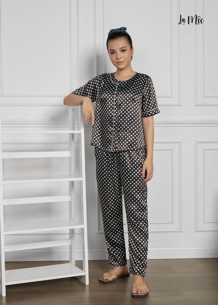 BỘ MẶC NHÀ QUẦN DÀI CỔ TRÒN, NÂU CHẤM BI, SATIN LỤA KOREA