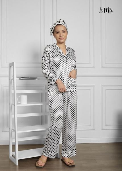 BỘ PIJAMA TAY DÀI, QUẦN DÀI, TRẮNG CHẤM BI, SATIN LỤA KOREA