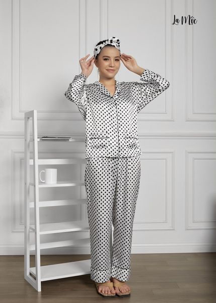BỘ PIJAMA TAY DÀI, QUẦN DÀI, TRẮNG CHẤM BI, SATIN LỤA KOREA