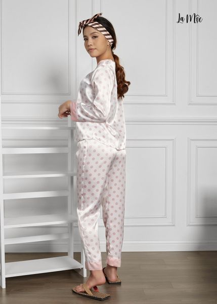 BỘ MẶC NHÀ QUẦN DÀI SATIN LỤA KOREA, MÀU TRẮNG CHẤM BI, CỔ TIM