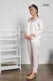 BỘ MẶC NHÀ QUẦN DÀI SATIN LỤA KOREA, MÀU TRẮNG CHẤM BI, CỔ TIM