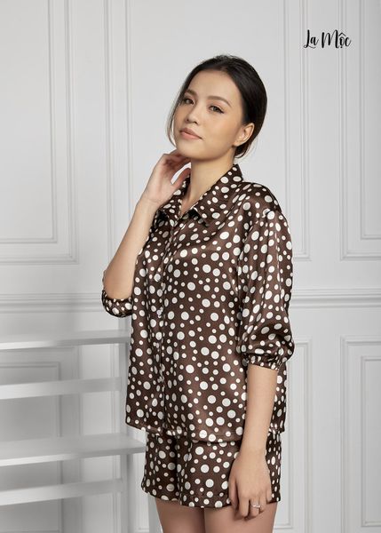 BỘ MẶC NHÀ QUẦN NGẮN, NÂU CHẤM BI, SATIN LỤA KOREA