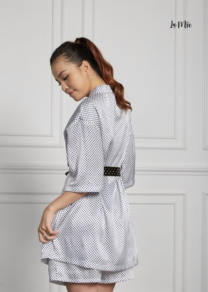BỘ MẶC NHÀ NGẮN MÀU TRẮNG CHẤM BI, SATIN LỤA KOREA