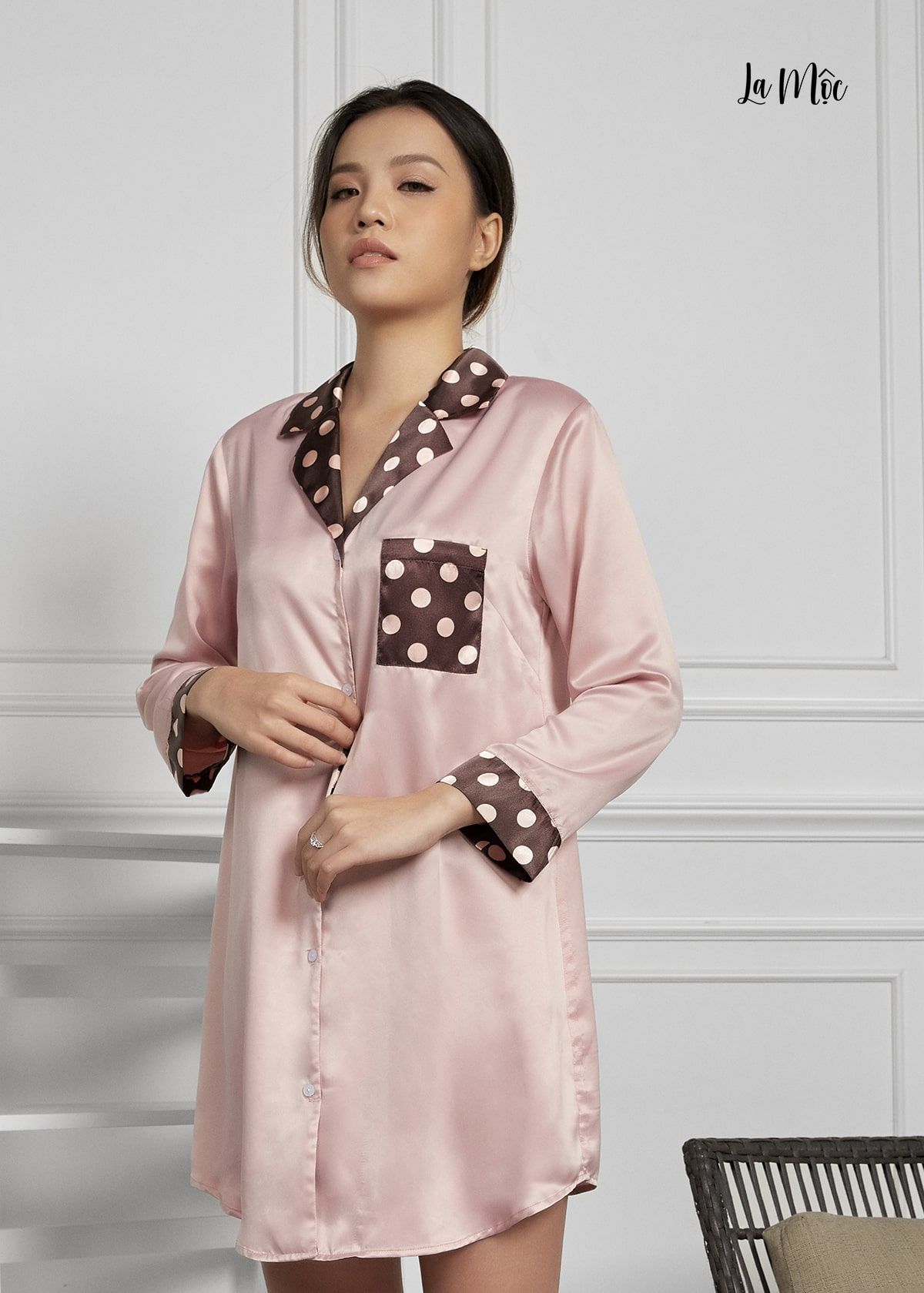  ĐẦM PIJAMA MÀU HỒNG CỔ ĐAN TÔNG, SATIN LỤA KOREA 