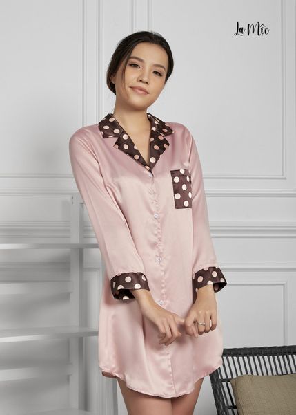 ĐẦM PIJAMA MÀU HỒNG CỔ ĐAN TÔNG, SATIN LỤA KOREA