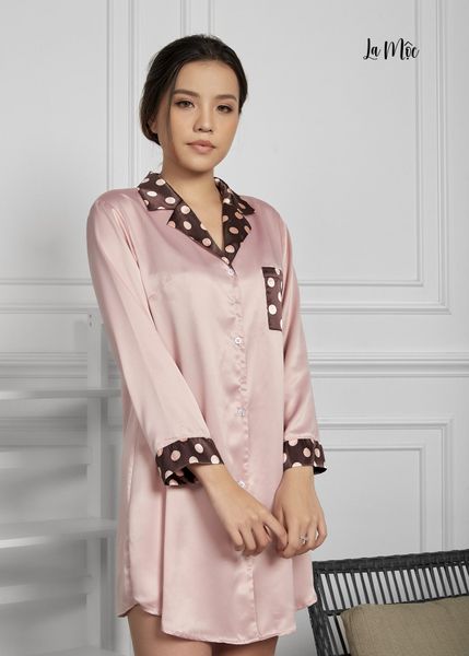ĐẦM PIJAMA MÀU HỒNG CỔ ĐAN TÔNG, SATIN LỤA KOREA
